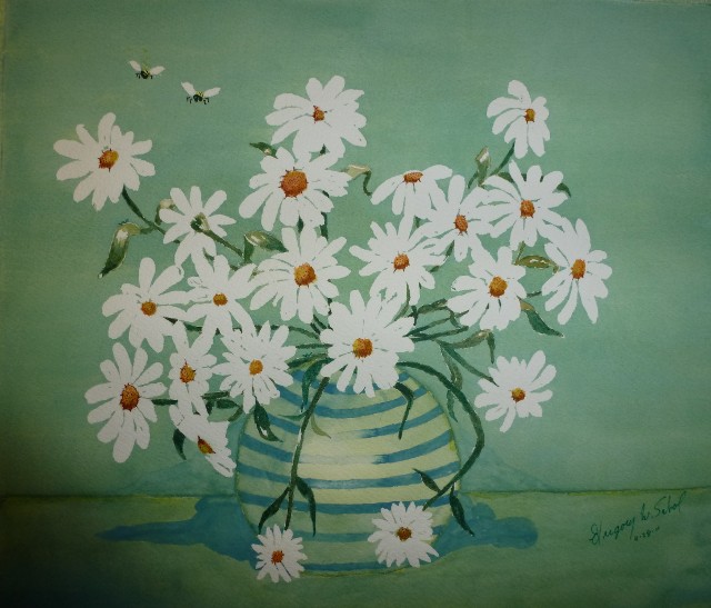 Watercolor - Vase Of Dasies