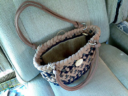 Handmade wool Blue, beige and plaid braid with leather handle and zipper pouch inside