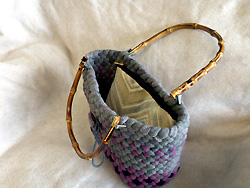 Hanmade wool Plum Gray braided purse with bamboo handle and zipper pouch inside 