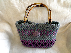 Hanmade wool Plum Gray braided purse with bamboo handle and zipper pouch inside 