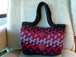 Handmade wool Red Black Gray braided purse Black braided handle and zipper pouch inside